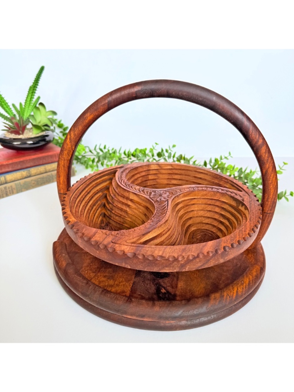 Whimsical Cottagecore Wooden Paisley Collapsible Trivet Fruit & Nut Basket Bowl